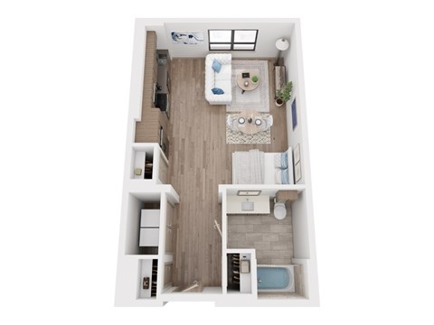 Floor plan for studio, 1 bath, 634 sqft